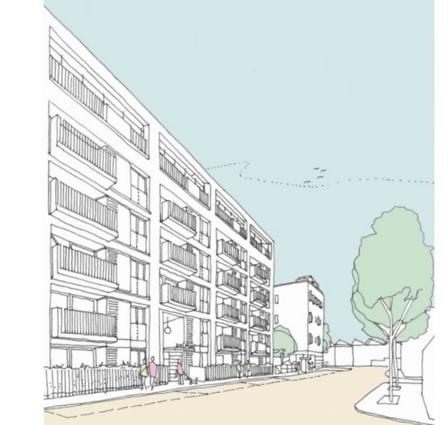 A six story building of flats will run along Dolman Road - visualisation from planning application