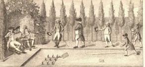 engraving showing 18th century people playing skittles