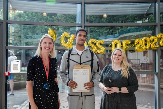 Left to right - Anne Stephenson, head of sixth form at Ark Burlington Danes Academy with A* student Mohammed Walid and Cllr Alex Sanderson