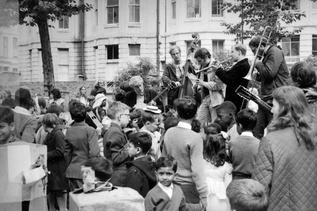 Band front In Powis Square, pic by Adam Ritchie